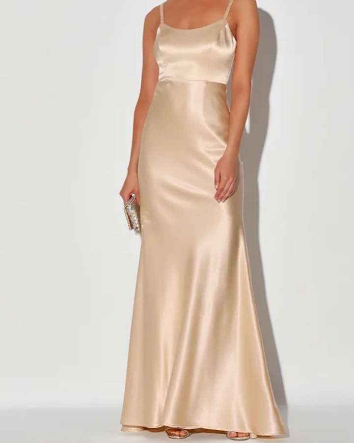 Lulus Make You Shine Champagne Satin Mermaid Maxi Dress Sz S Goddess Ethereal